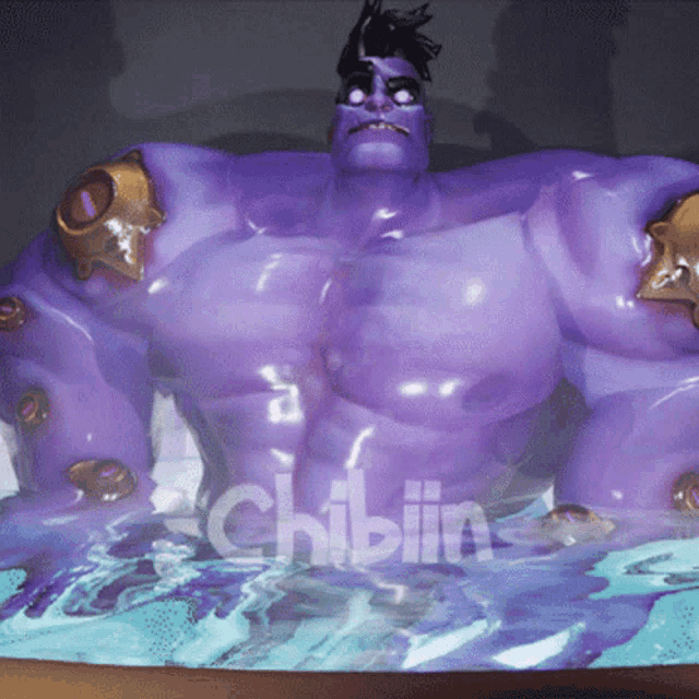 a purple cartoon character is in a bathtub with the word chibin written on the bottom