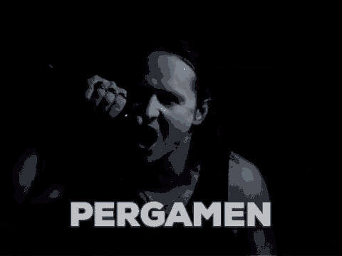 a close up of a person 's face with the word pergamen written in white .