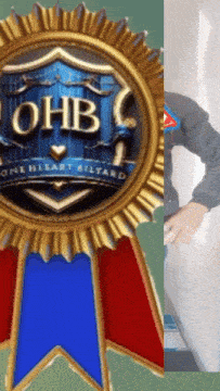 a medal that says ohbc on it with a blue ribbon