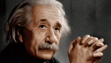 a painting of albert einstein with his hands folded in front of his face