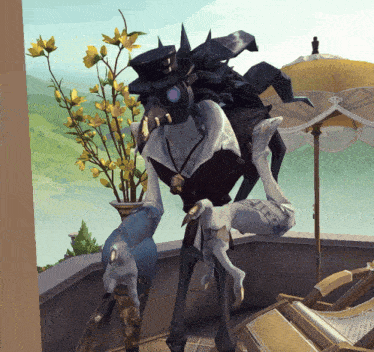 a statue with a gas mask on stands in front of a vase of flowers