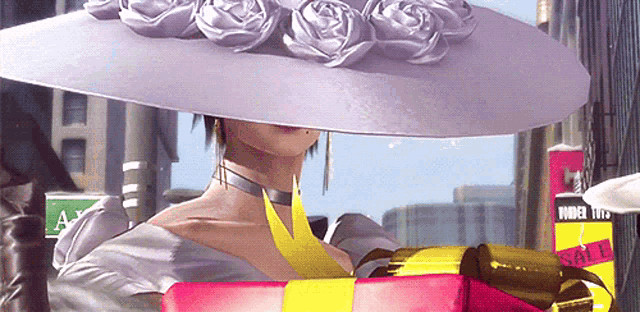 a woman in a purple hat is holding a pink gift box