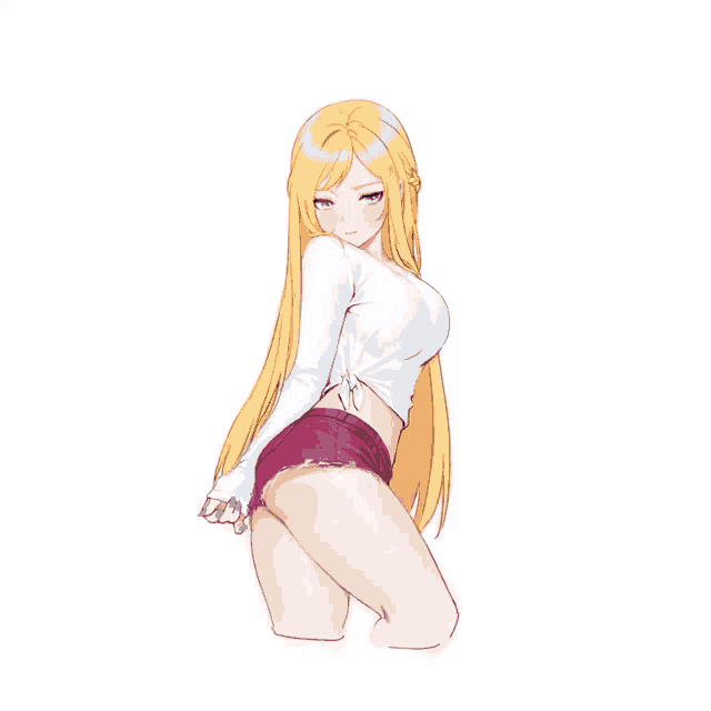 a drawing of a girl with long blonde hair and red shorts