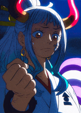 a close up of a cartoon character with a fist in her hand