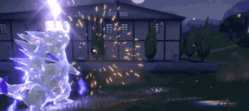 a purple lightning bolt is coming from a building in the background