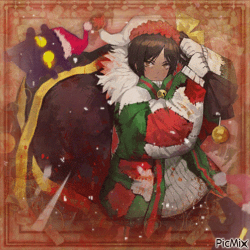 a picture of a girl in a santa costume with a black cat behind her