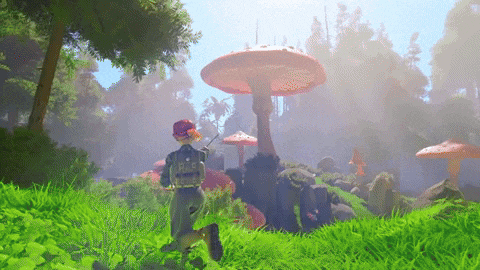 a person standing in a field of mushrooms
