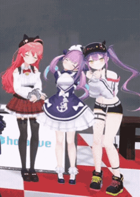 three anime girls are posing for a picture in front of a sign that says " chou "