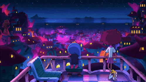 a couple of cartoon characters standing on a balcony overlooking a city at night