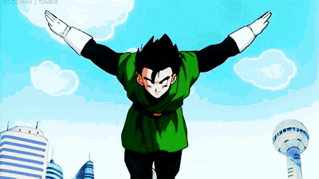 a cartoon character with his arms outstretched in front of a city