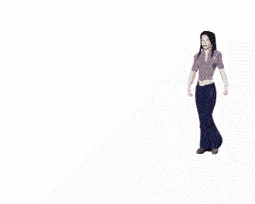 a woman in a purple shirt and blue pants is walking on a white background .