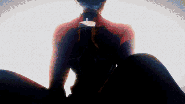 a silhouette of a person 's back with a red shirt and black pants