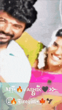 a man and a woman are standing next to each other with the words mr. vashik & firegirl on the bottom