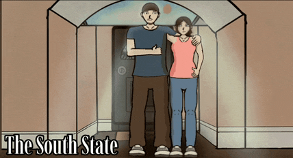 a cartoon of a man and a woman standing next to each other with the words the south state written below them