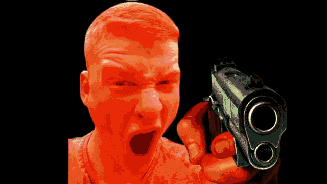 a man is holding a gun and the word pleb is on the screen
