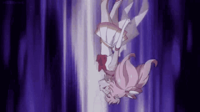 a girl with pink hair is falling upside down in a purple background .