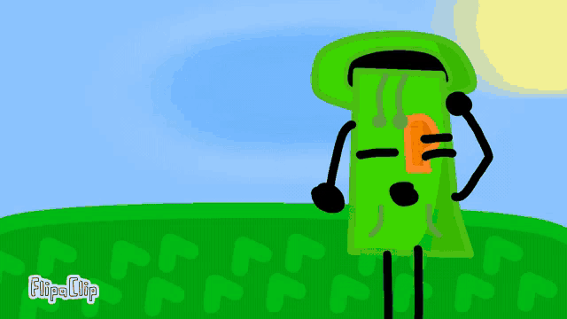 a cartoon drawing of a fireball and a green object that says flipaclip