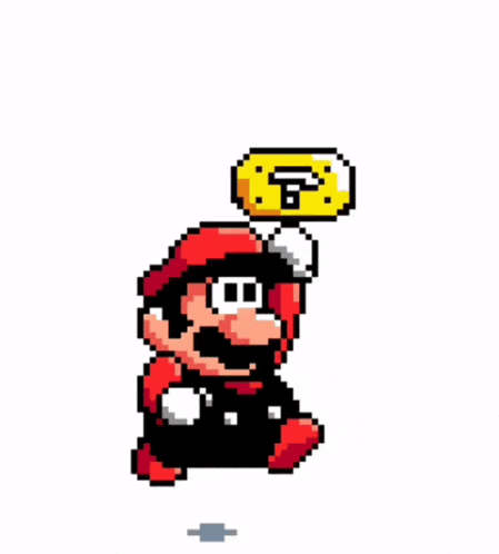 a pixel art of mario holding a coin with the letter p on it