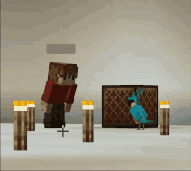 a minecraft character named grian is standing next to a blue parrot