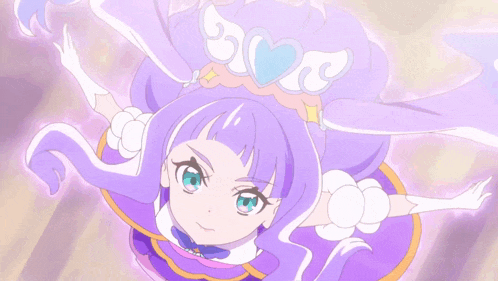 a girl with purple hair and a heart on her head is flying through the air
