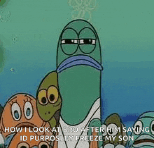 a cartoon character from spongebob squarepants is standing next to a group of fish in the ocean .