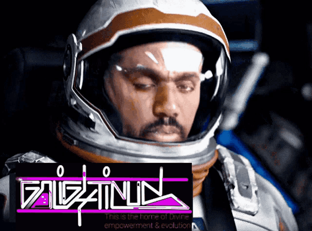 a man in a space suit with the words " this is the home of divine empowerment & evolution " on the bottom