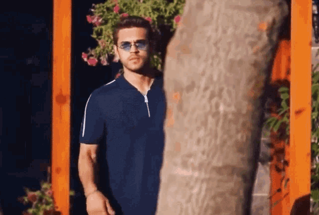 a man wearing sunglasses and a blue shirt stands in front of a tree