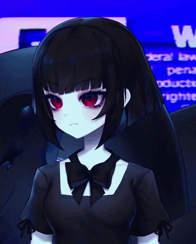 a girl with black hair and red eyes stands in front of a screen that says u.r.