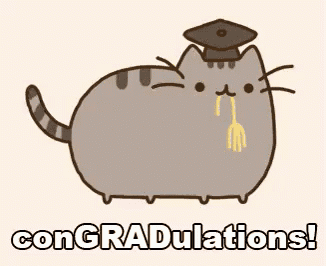 a cartoon cat is wearing a graduation cap and holding a fork and says congratulations .