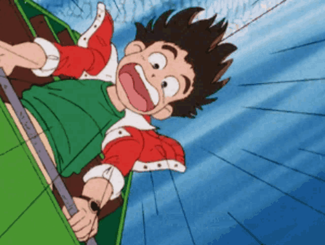 a boy in a green shirt is riding a roller coaster