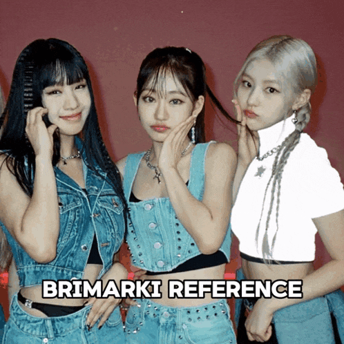 three girls are posing for a picture with the words brimarki reference below them