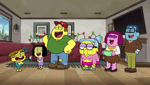 a group of cartoon characters are standing in a living room laughing