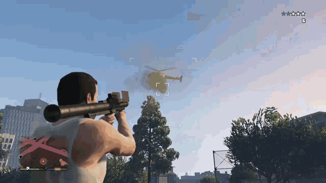 a man in a video game is aiming a gun at a helicopter that is flying overhead