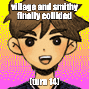 a picture of a boy with a caption that says village and smithy finally collided ( turn 14 )