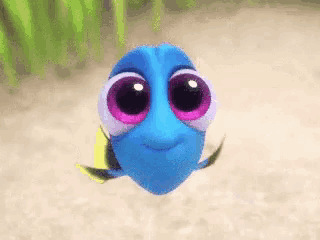 a blue fish with big pink eyes is swimming in the sand
