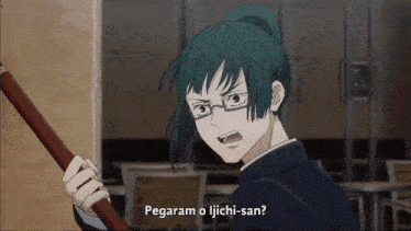 a girl with glasses is holding a stick and says pegaram o ijichi-san ?