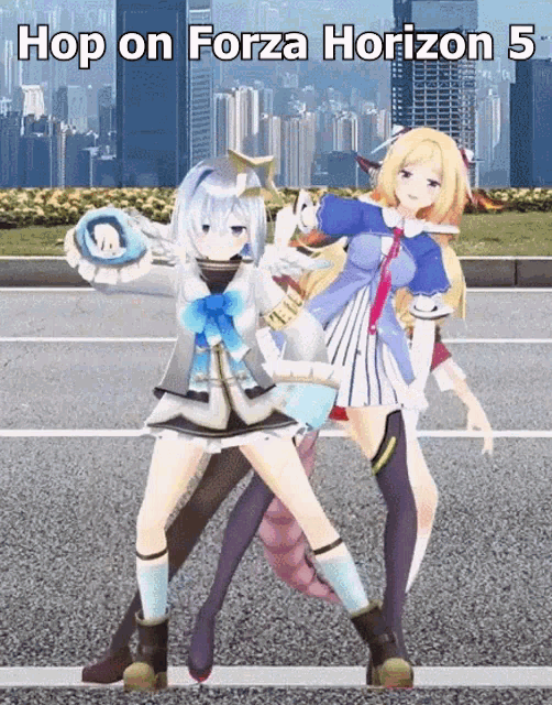 two anime girls are dancing on the street with the words hop on forza horizon 5 below them