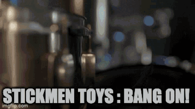 a picture of a drum set with the words stickmen toys bang on at the bottom
