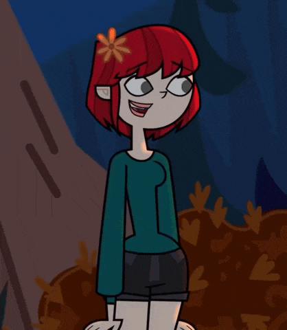 a cartoon girl with red hair and a flower in her hair is standing with her hands on her hips