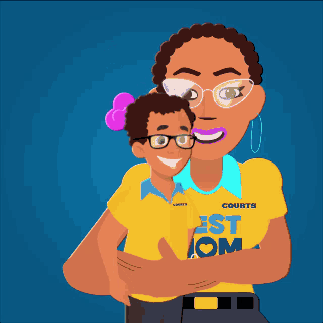 a woman wearing a yellow shirt that says courts is hugging a child