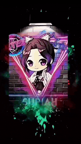 a picture of a girl with purple hair and a neon sign that says ' suriah '