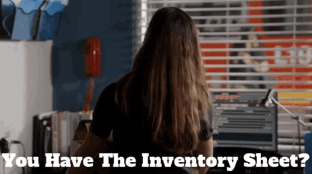 a woman sitting at a desk with the words you have the inventory sheet