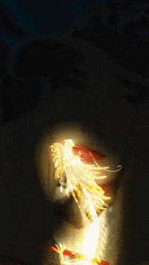 a woman 's face is lit up with a glowing bird