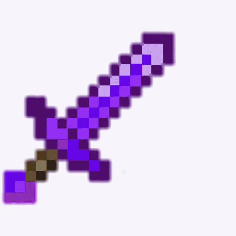 a purple pixelated sword with a brown handle on a white background