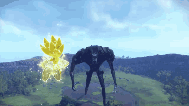 a giant robot is flying over a grassy field with a yellow flower coming out of it