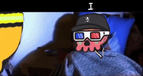 a cartoon of a skull wearing 3d glasses and a hat with the letter i above it