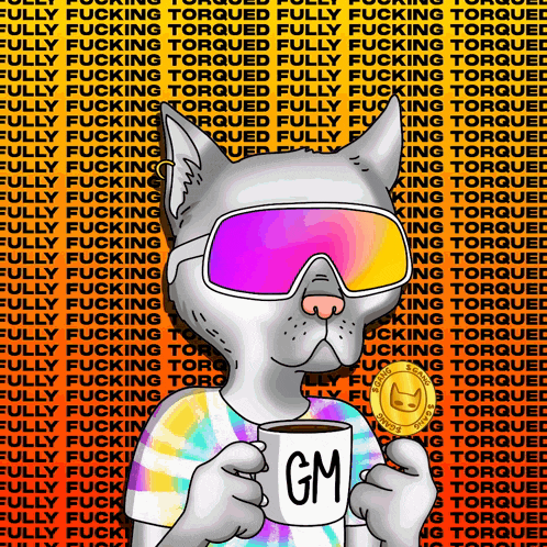 a cartoon cat is holding a cup of coffee with gm written on it