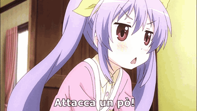 a girl with purple hair says " attacca un po " in front of a window