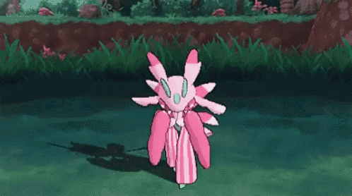 a pink and white pokemon is standing in the grass with its wings spread .