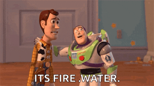 woody and buzz lightyear from toy story are standing next to each other and saying `` it 's fire , water . ''